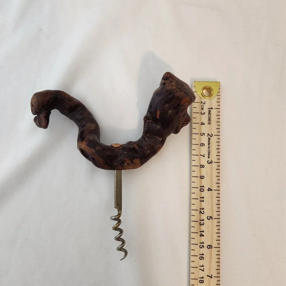 Vintage Hand Carved Wood Handle Corkscrew Rustic Folk Art Grapevine Root Style
